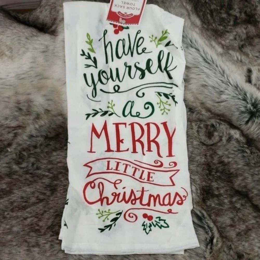 Holiday Time Have Yourself Merry Little Christmas flour tea towel‎ white